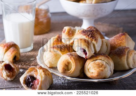 Homemade Rougelah Jam Cookies On Wooden Background - A Traditional European Pastry