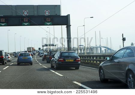 Stationary Traffic Queue Approaching Dartford Bridge Crossing River Thames London England