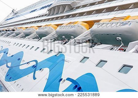 Amsterdam, Netherlands - April 3: Lifeboats At Cruise Ship Aidasol In The Amsterdam Port On April 3,