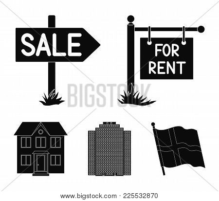 Signs Of Sale And Rent, A Skyscraper, A Two-story Cottage.realtor Set Collection Icons In Black Styl