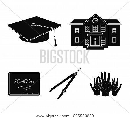 School Building, College With Windows, A Master's Or Applicant's Hat, Compasses For A Circle, A Boar