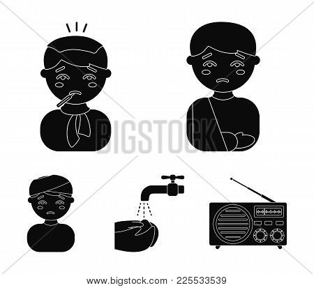 A Man With A Broken Arm In A Cast, A Patient With A Thermometer In His Mouth In A Scarf, Hands Under