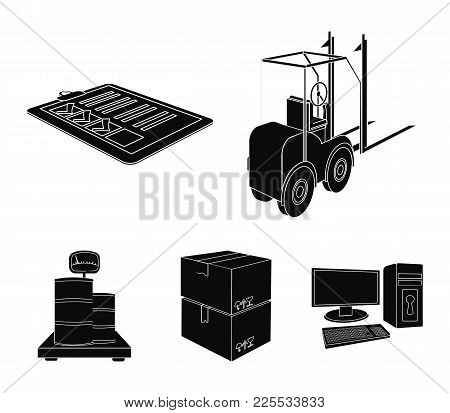 Forklift, Delivery Slips, Packaged Goods, Cargo On Weighing Scales. Logistics And Delivery Set Colle