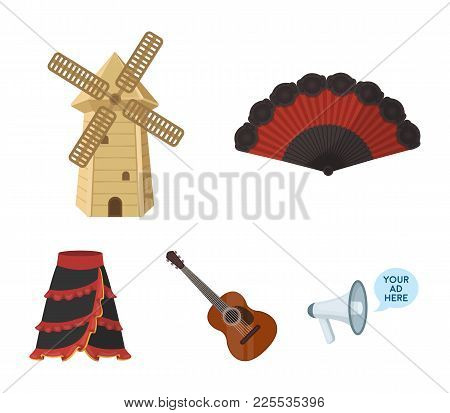 Fan Spanish, Mill, Guitar, Skirt For National Spanish Dances. Spain Country Set Collection Icons In 