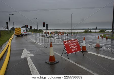 Flood Water In The Streets Of Bentley Village Yorkshire England