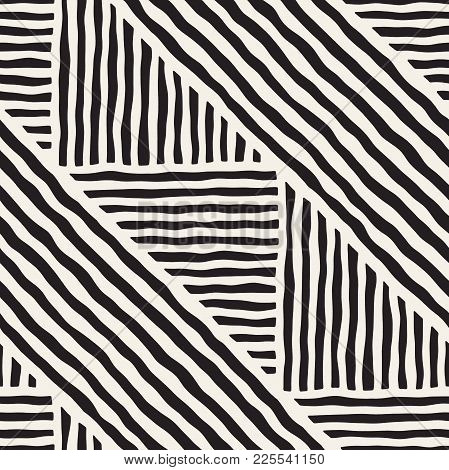 Seamless Geometric Doodle Pattern In Black And White. Adstract Hand Drawn Lines Retro Texture.