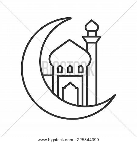 Mosque With Ramadan Moon Linear Icon. Thin Line Illustration. Crescent Moon. Islamic Culture. Muslim