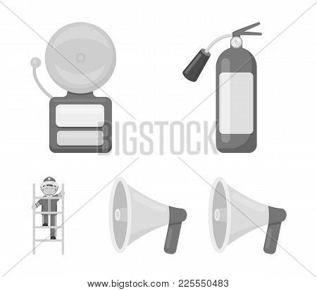 Fire Extinguisher, Alarm, Megaphone, Fireman On The Stairs. Fire Departmentset Set Collection Icons 