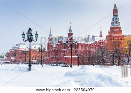 Manezhnaya Square In The Winter, Moscow, Russia. Panoramic View Of Central Moscow During Snowfall.