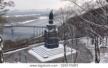 Monument Of St. Vladimir The Baptist In Kiev, Standing Above The Dnieper On The Vladimir Hill. Winte