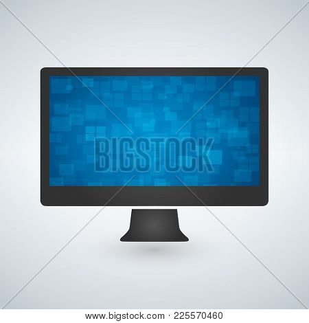 Computer Monitor With A Blue Futuristic Wallpaper. Isolated On White. Vector