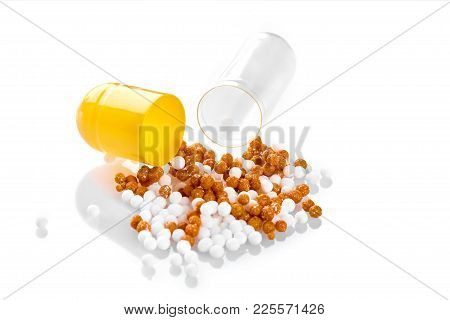 Capsule, Pills And Vitamins On A White Background. Close-up. Still L Ife. Copy Space