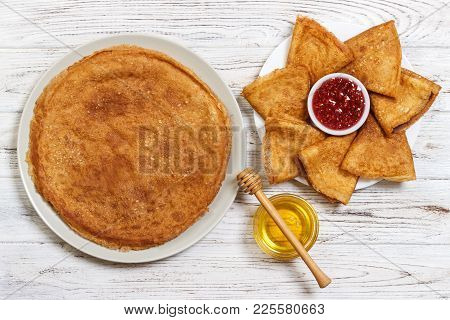 Hot Pancakes With Sprinkled Maple Syrup. The Good You Breakfast. Top View.