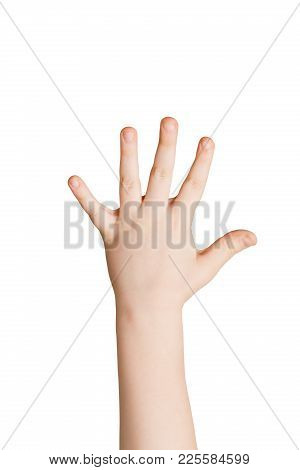 Kid Hand Shows Number Five Isolated. Child Palm Gesturing High Five Sign. Counting, Enumeration, Whi