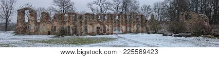 Dobele Castle Ruins In Winter, The Historical Region Of Zemgale, In Latvia, Was Built In 1335 By The
