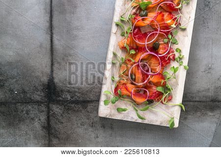 Gravlax - Cured In Salt And Beetroot Salmon Or Trout, Copyspace