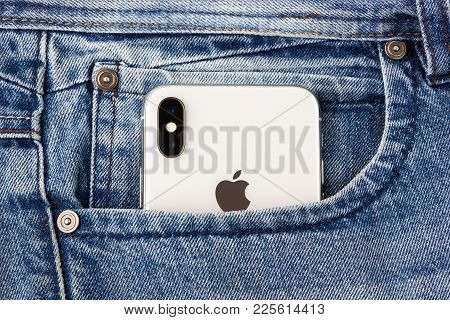 Rostov-on-don, Russia - Feb 2018. Iphone X Sticks Out Of The Pocket Of Blue Jeans. A New Smartphone 