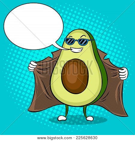Avocado Exhibitionist In Raincoat Pop Art Retro Vector Illustration. Cartoon Food Character. Text Bu