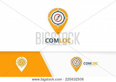 Vector Compass And Map Pointer Logo Combination. Navigation And Gps Locator Symbol Or Icon. Unique T