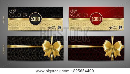 Gift Voucher Set. Red And Gold Voucher Template With A Envelope. Vector