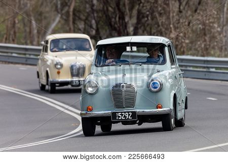 Adelaide, Australia - September 25, 2016: Vintage 1955 Austin A30 Sedan Driving On Country Roads Nea