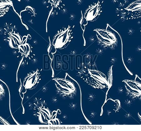 Seamless Pattern Vector Floral Design With Silhouette Asclepias Syriaca On Dark Blue Background