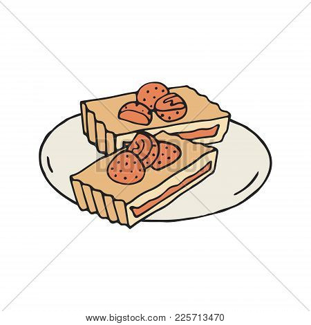 Hand Drawn Illustration Of Strawberry And Almond Tarts On White Background. Vintage Style.