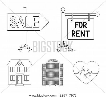 Signs Of Sale And Rent, A Skyscraper, A Two-story Cottage.realtor Set Collection Icons In Outline St
