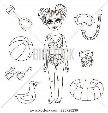 Doodle Line Girl Child Character With Beach Summer Bath Sweeming Toys Vector Set