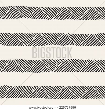 Seamless Geometric Doodle Pattern In Black And White. Adstract Hand Drawn Lines Retro Texture.