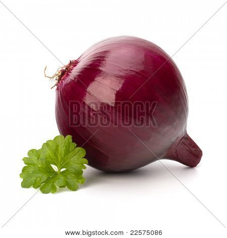 Rote Zwiebel-Knolle und frische Petersilie, isolated on white background