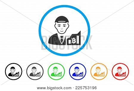 Bitcoin Trader Rounded Icon. Style Is A Flat Bitcoin Trader Gray Symbol Inside Light Blue Circle Wit