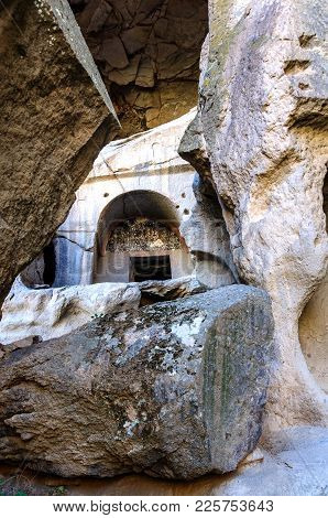 Ihlara Valley With Rock Caves Blocked By Stones Central Anatolia. Capadocia, Turkey