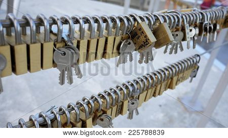 Sapporo, Japan, 1st Of Jan 2020, Love Pad Locks Hanging On The Top Of Mountain Moiwa, Hokkaido,japan