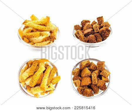 Collage Of A Heap Rusks In A Transparent Pialat On A White Background