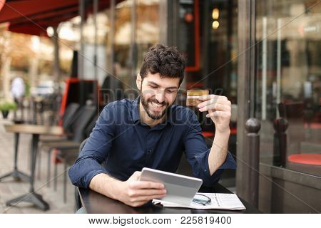 Gladden Prosperous Man Purchasing At Online Shop With Money Card And Tablet With Close Up Face In  .