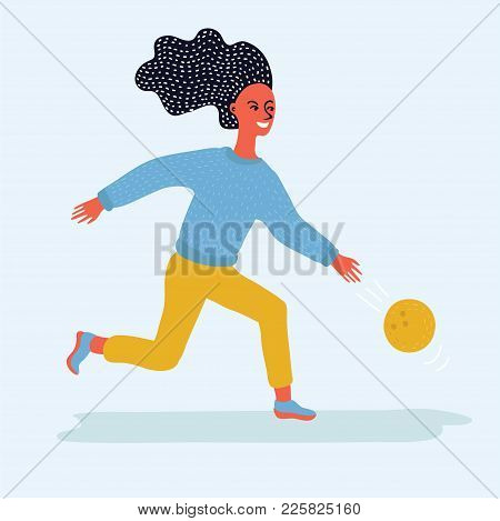 Vector Cartoon Funny Illustration Of Girl Throwing Bowling Ball. Isolated Character On White Backgro