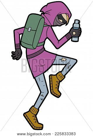 Illustration Hooded Graffit Tagger With A Spray Can, Hidden Face In A Mask