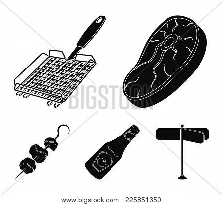 Raw Meat Steak, Grill With Handle, Bottle Of Ketchup, Shish Kebab.bbq Set Collection Icons In Black 