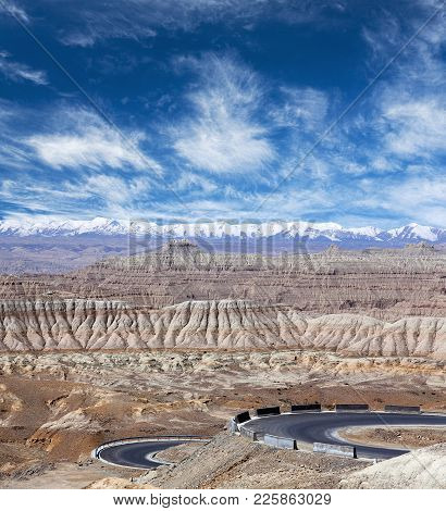 Panorama Of Earth Forest National Geopark And Serpentine Road In Ngari Prefecture, Western Tibet, Ch