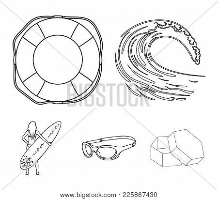 Oncoming Wave, Life Ring, Goggles, Girl Surfing. Surfing Set Collection Icons In Outline Style Vecto