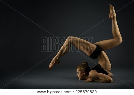 Yoga Gymnastics Pose, Woman Flexible Body, Gymnast Balance In Backbend Exercise, Acrobat Back Bend P
