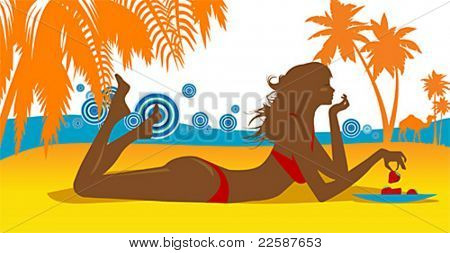 Smukke unge kvinder på en strand, vektor illustration