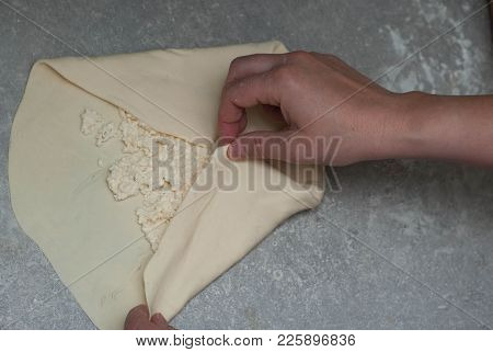 Making Of Homemade European Or Russina Traditional Cheese Pie Or Other Kind Of Pastry Appetizer Or S