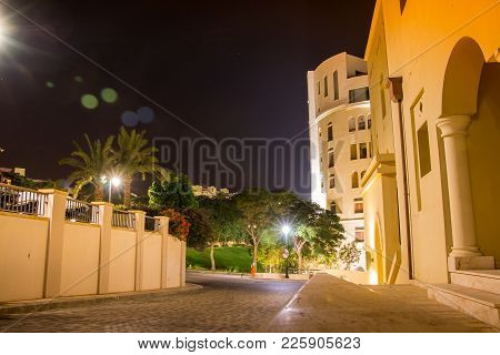Akaba, Jordan - December 23, 2017: Building On The Street In A Good Night In Jordan In Tala Bay Not 