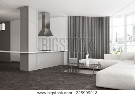 White Living Room And Kitchen Corner With A Wooden Floor, Panoramic Windows With Gray Curtains And A