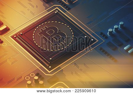 Blue Circuit Board With A Processor On It. Concept Of Modern Technologies And Information. A Bitcoin