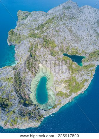 Aerial View From A Drone Of Beautiful Cocks Comb Island On Sunny Day In Myanmar.