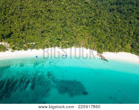 Aerial View From A Drone Of Beautiful Nyaung Oo Phee Island On Sunny Day In Myanmar