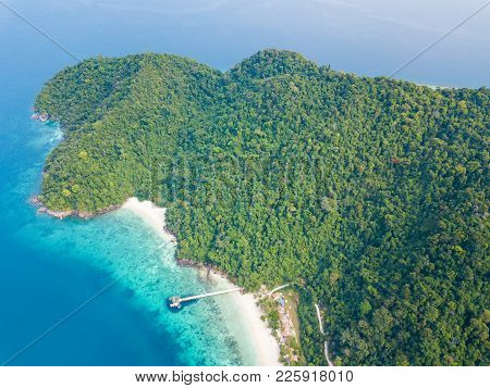 Aerial View From A Drone Of Beautiful Nyaung Oo Phee Island On Sunny Day In Myanmar
